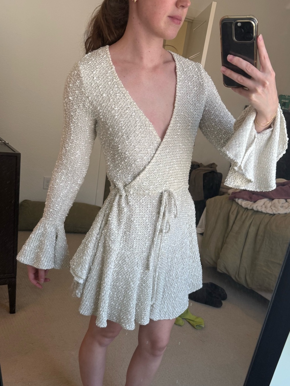 Shona Joy Cream Textured Wrap Mini Dress with Bell Sleeves